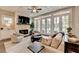 Inviting living room with a stone fireplace, comfortable seating, and French doors leading to outdoor views at 221 Thompson St, Alpharetta, GA 30009