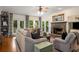 Inviting living room with stone fireplace, hardwood floors, and large windows with backyard views at 692 Brooks Woolsey Rd, Brooks, GA 30205