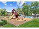 Community playground and pool area featuring a swing set, slide, picnic tables, and a fenced swimming pool at 6890 Autumn Hills Dr, Cumming, GA 30028