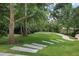 Spacious backyard with mature trees, lush lawn, and stone walkway at 175 15Th Ne St # 410, Atlanta, GA 30309
