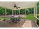 Relaxing screened porch features a ceiling fan and outdoor seating, perfect for entertaining at 6165 Pin Oak Ln, Alpharetta, GA 30005