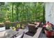 Outdoor deck surrounded by lush trees featuring comfortable seating arrangements and decorative plants at 5258 Tallgrass Nw Way, Kennesaw, GA 30152