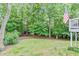Large backyard with a privacy border of mature trees and an American flag at 2073 Woodside Park Dr, Woodstock, GA 30188