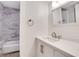 Bathroom featuring a vanity with bright white cabinets and a view of the tub/shower combo at 206 Tuxworth Cir, Decatur, GA 30033