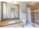 Bathroom with granite countertops, a bath tub, a shower, and tile floors at 2740 Bountiful Pl, Lawrenceville, GA 30045