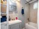 Bathroom with a white sink, gray cabinets, and a shower-tub combo, blending style and functionality at 3479 Thompson Dr, Atlanta, GA 30331