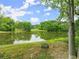 Calm pond reflects surrounding trees on a lush property, highlighting a serene and natural outdoor setting at 789 Rutland Ct, Lithonia, GA 30058