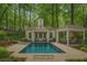 Backyard pool and pool house, lounge area, and lush landscaping at 905 Stovall Ne Blvd, Atlanta, GA 30319
