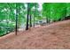 Exterior shot shows the rear of this house on a sloping lot, backed by mature trees providing privacy at 1850 Noblin Ridge Way, Duluth, GA 30097