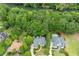 Aerial view of a home with a swimming pool, nestled among lush greenery and waterfront scenery at 314 Caruso Ct, Sandy Springs, GA 30350