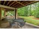 Covered patio with outdoor seating, brick supports, and stairs leading to the yard at 314 Caruso Ct, Sandy Springs, GA 30350