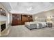 Spacious primary bedroom featuring a fireplace, built-in shelves, and tray ceilings at 4218 Sandy Branch Dr, Buford, GA 30519