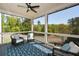 Cozy screened patio with a ceiling fan, string lights, and comfortable seating overlooking the yard at 2235 Birchtree Way, Marietta, GA 30062