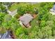 Aerial view of a home surrounded by lush greenery with a stone patio and outdoor furniture in the backyard at 4020 Devereux Chase, Roswell, GA 30075