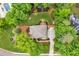 Aerial view of home with manicured backyard, gardens, mature trees, and circular patio seating at 4020 Devereux Chase, Roswell, GA 30075