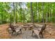 Backyard fire pit with stone surround, surrounded by lounge chairs, set in a wooded area at 4020 Devereux Chase, Roswell, GA 30075