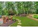 Beautifully landscaped backyard featuring a lush lawn, stepping stone path, and mature trees for privacy at 4020 Devereux Chase, Roswell, GA 30075