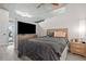 Bedroom with platform bed, wood nightstands, ceiling fan and large TV at 250 Pharr Ne Rd # 1814, Atlanta, GA 30305