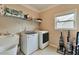 Laundry room featuring a sink, shelving, washer, dryer, and tile flooring at 4708 Tiger Blvd, Duluth, GA 30096