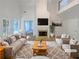 Bright living room featuring high ceilings, a fireplace with television, and neutral contemporary decor at 132 Lynnview Ct, Mcdonough, GA 30252