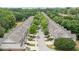 Overhead view of a well-maintained neighborhood featuring rows of townhomes and tree-lined streets at 2910 Cross Creek Dr, Cumming, GA 30040