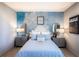 Stylized bedroom with a cloud mural, gray nightstands, lamps, and luxurious bedding at 4720 Montane St, Cumming, GA 30028