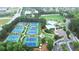Overhead view of tennis courts and a pool area surrounded by landscaped grounds and trees at 5613 Lancashire Ln, Cumming, GA 30041