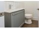 Modern powder room with a gray vanity, stone countertop, modern faucet, and sleek design at 1145 Kirkwood Se Ave # 14, Atlanta, GA 30316