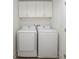 Efficient laundry room with modern, white, front-loading washer and dryer and upper cabinet storage at 1145 Kirkwood Se Ave # 14, Atlanta, GA 30316