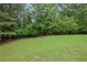 A wide shot of the backyard shows green grass surrounded by trees at 415 Winn Park Ct, Roswell, GA 30075