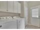 Bright laundry room featuring white cabinets and appliances, along with a convenient exterior door at 415 Winn Park Ct, Roswell, GA 30075