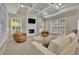 Comfortable living room with tray ceilings, recessed lighting, and a modern fireplace at 415 Winn Park Ct, Roswell, GA 30075