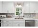 Kitchen with stainless steel appliances, a double sink under the window, white cabinets, and gray backsplash at 2863 Landing Dr, Marietta, GA 30066