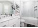 Bathroom with tub-shower combination, white vanity, and window with plantation shutters at 410 Concord St, Alpharetta, GA 30009