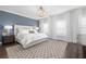 Serene main bedroom with plush carpet, decorative lighting, and soothing blue accent wall at 410 Concord St, Alpharetta, GA 30009