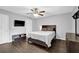 Spacious bedroom with wood floors, a ceiling fan, gray walls, and ample closet space offers comfort and style at 5461 Forest Path Ct, Stone Mountain, GA 30088