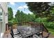 Outdoor deck with dining table and chairs surrounded by lush green trees at 209 Breckenridge Ct, Canton, GA 30115