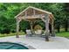 Close-up view of a backyard pavilion with seating around the pool, perfect for outdoor gatherings and relaxation at 209 Breckenridge Ct, Canton, GA 30115