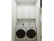 Efficient laundry room features a stacked washer and dryer, with ample storage space in the overhead cabinets for organization at 1161 Dahlonega Hwy # 3, Cumming, GA 30040
