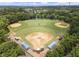 Overhead view of a baseball field with a well-kept diamond and outfield surrounded by trees at 3260 Kingshouse Commons, Johns Creek, GA 30022