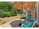 Cozy back patio features a stone surface, patio umbrella, and two chairs at 4535 Vanadium Bnd, Cumming, GA 30040