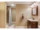 Bathroom featuring a tiled shower, vanity sink, and soft lighting at 262 Sandhurst Ct, Suwanee, GA 30024