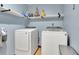 A laundry room equipped with a washer and dryer, floating shelves, and blue walls to match the décor at 1925 Stonewyck Ct, Cumming, GA 30041