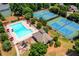 Aerial view showcasing community pool and tennis courts surrounded by mature trees at 4108 Wyndam Hill Dr, Suwanee, GA 30024