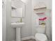Stylish powder room featuring a pedestal sink, modern fixtures, and fresh, neutral decor at 4076 Sonoma Wood Trl, Decatur, GA 30034