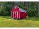 Storage shed painted red with white trim on a grassy lot is an ideal space for storing tools and equipment at 4841 Partee Trl, Social Circle, GA 30025