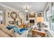 Cozy living room with a fireplace, built-in shelving, and view of the backyard at 3150 Seven Oaks Dr, Cumming, GA 30041