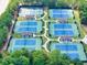 Aerial view of multiple tennis courts, well-maintained, with shaded pavilions and surrounded by lush trees at 3150 Seven Oaks Dr, Cumming, GA 30041