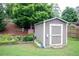 Backyard shed on a well-maintained lawn, complemented by flower pots and an American flag, ideal for storage at 2256 Long Bow Chase Nw, Kennesaw, GA 30144