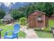 Charming backyard shed features a wooden structure, garden, and stone path, perfect for storage and outdoor enjoyment at 2256 Long Bow Chase Nw, Kennesaw, GA 30144